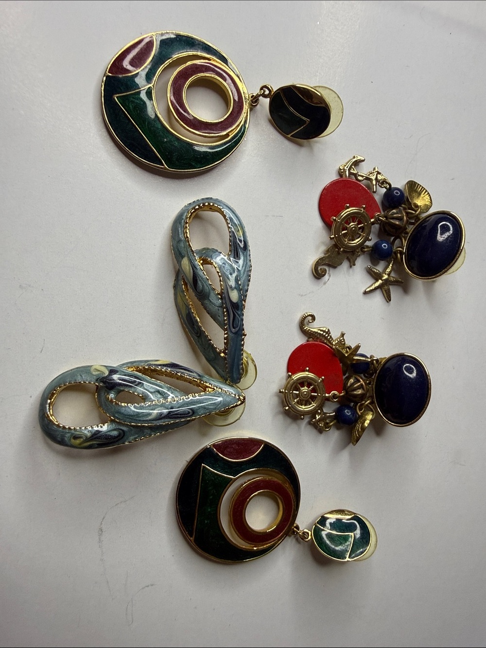 Assorted Women’s Enamel and Gold-Tone Statement Earrings - Green, Blue, Red